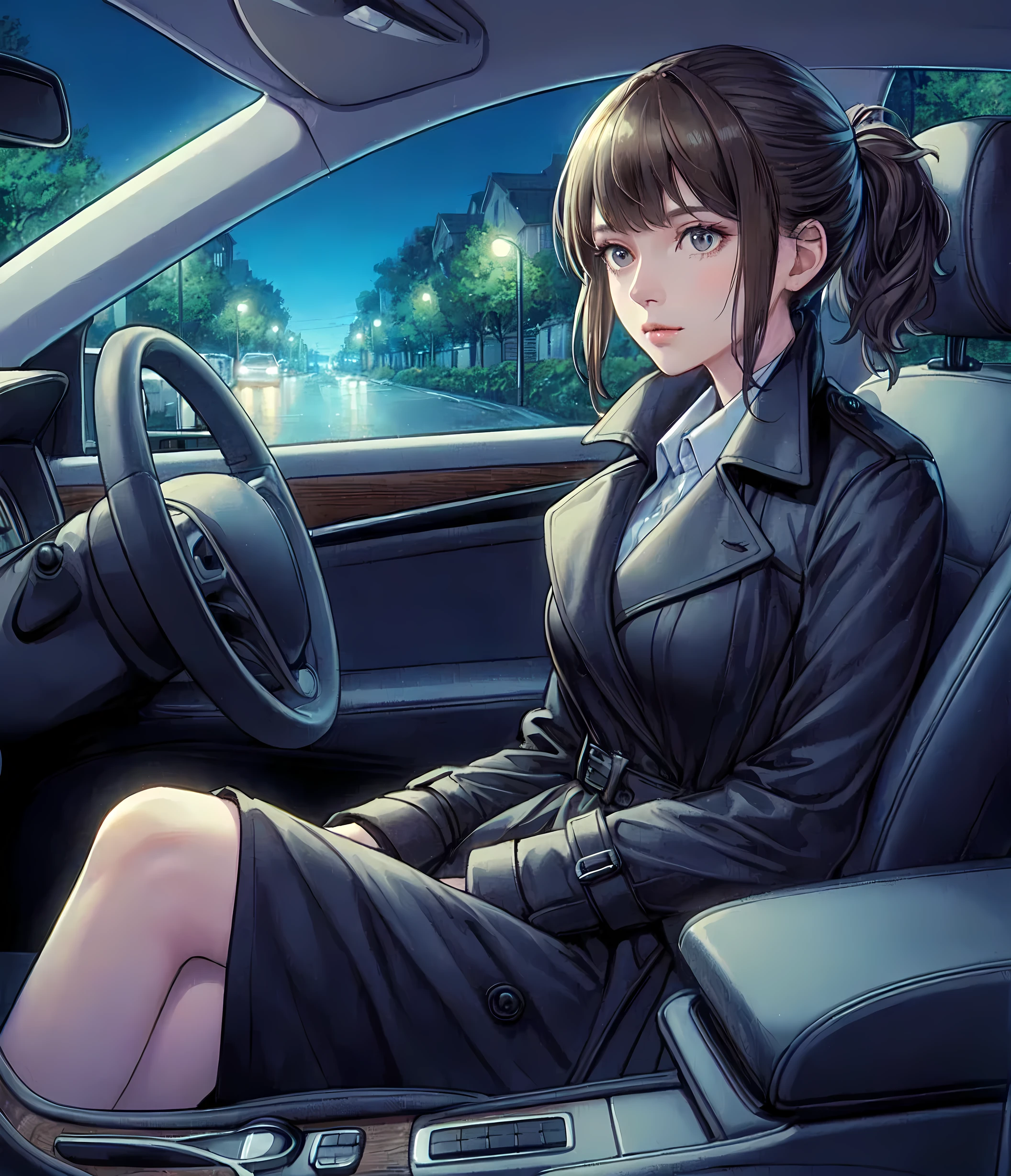 1lady sitting, from side, (sitting on car seat), female detective, police, (black trench coat) over business suit, /(gray brown hair/) bangs, (staring into the distance), (light smile:0.4), (facing away), (masterpiece best quality:1.2) delicate illustration ultra-detailed,  BREAK  (quiet residential street) outdoors, (in car), night, (parked car), detailed background