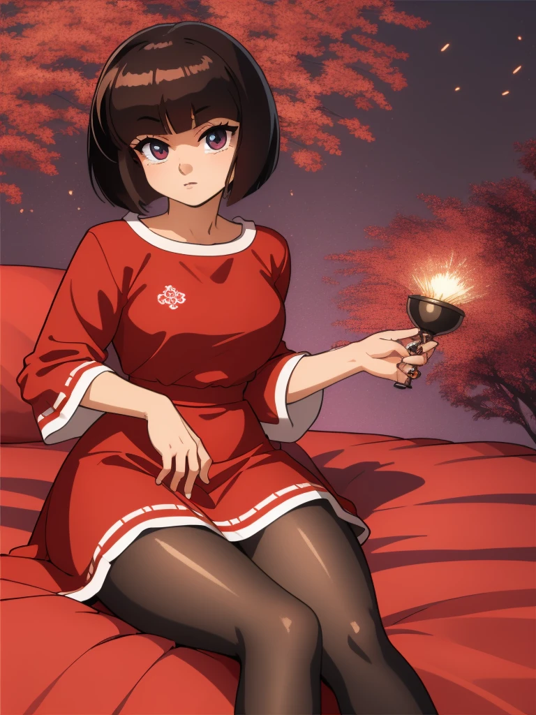 nabiki tendo, nabiki, looking at viewer, , (masterpiece:1.2), (best quality), (ultra detailed), (8k, 4k, intricate),(light particles, lighting, (highly detailed:1.2),(detailed face:1.2), (gradients), colorful, detailed eyes, bedroom background, (detailed background), solo, daylight, bob cut, mini skirt, thick tights, red dress, pelvic curtain dress, heels, sit on bed,