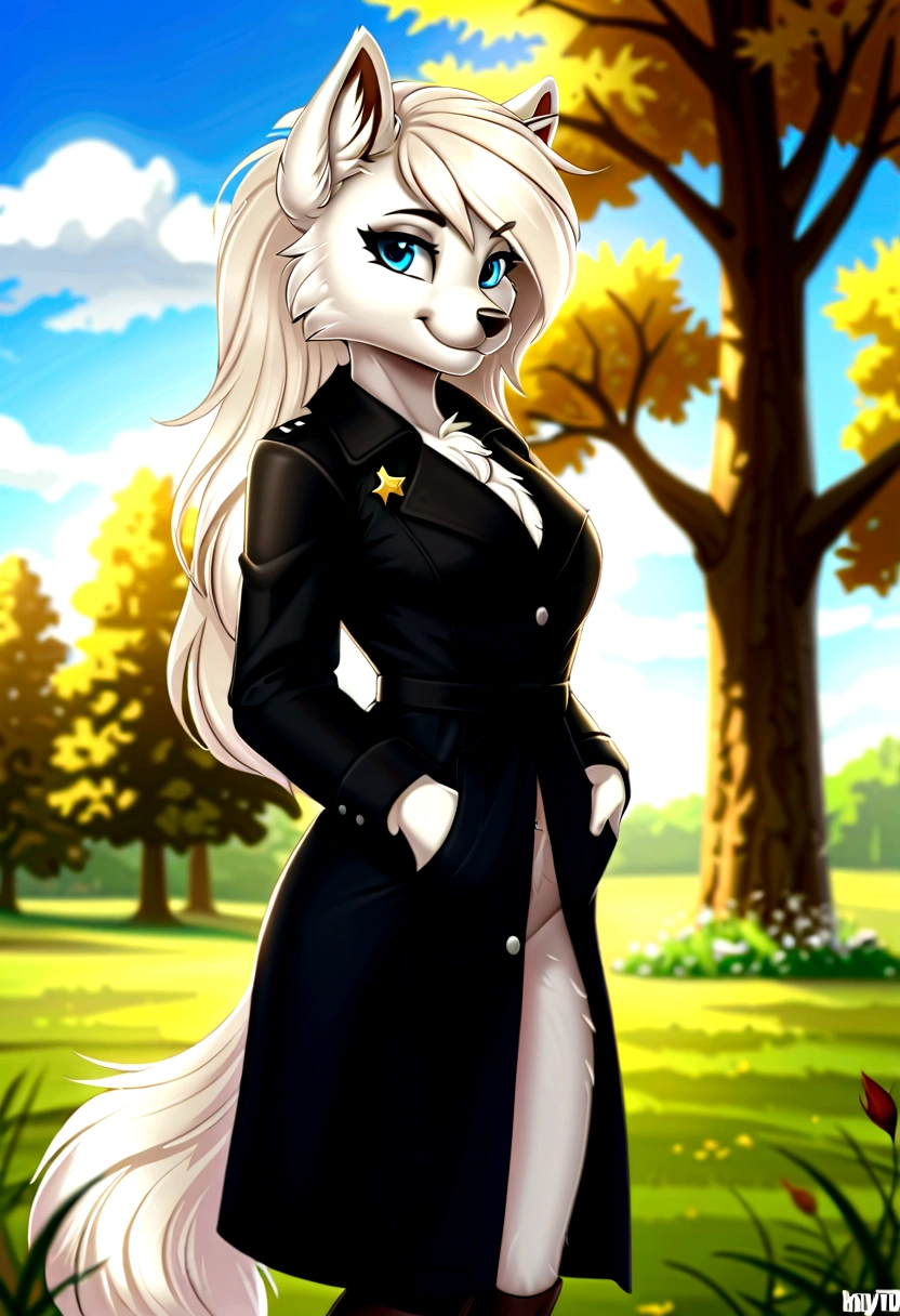 Hairy Women, arctic fox, mammal, Weaver, Weaver-pony, A beautiful furry fox girl is standing in a park posing against, She looks at the audience and smiles, She wears a black trench coat, Background blur, Field of view, sky空, sky, Beautiful blue eyes, Award-winning illustrations|Popular on ArtStation, masterpiece|highly detailed|best quality|HD|8K|uHD|intricate details|extreme_detail