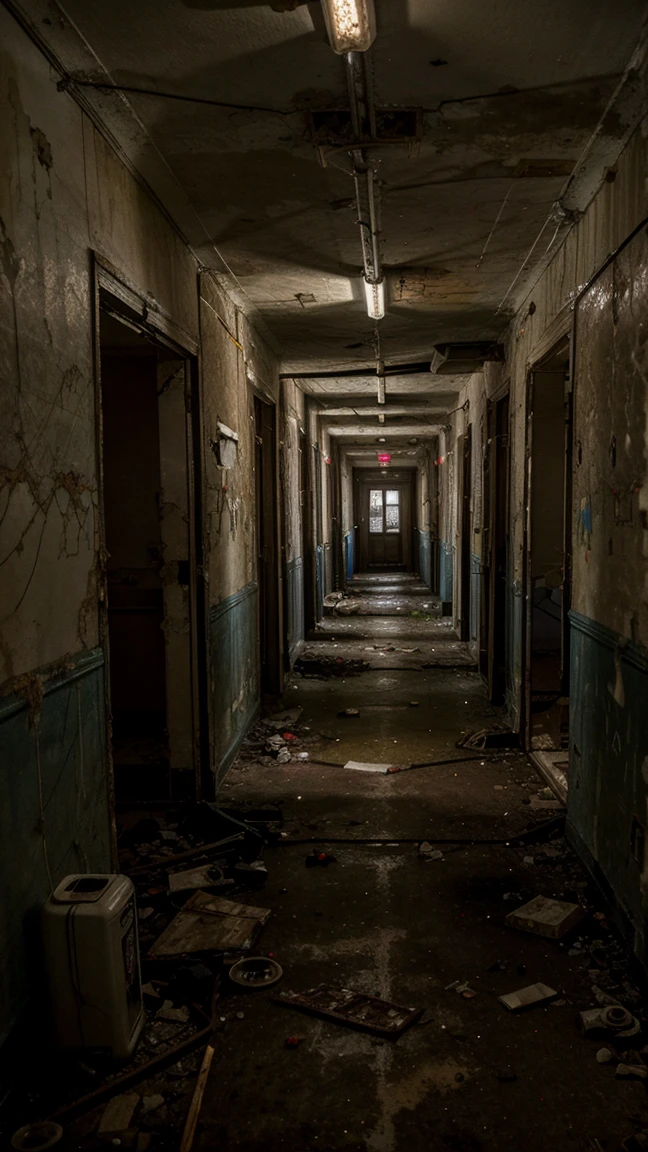 Abandoned hospital, dark and dirty hallways, overturned beds, peeling walls, flashing lights, rusty medical instruments