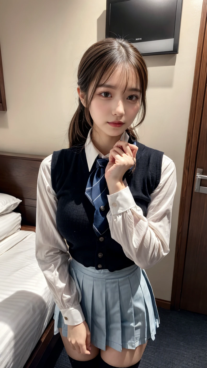 (8K, RAW Photos, Highest quality, masterpiece:1.2), masterpiece, super detailed, super high quality, (Realistic and photorealistic photography:1. 37), High-resolution RAW color photos, Very delicate and beautiful, highly detailed, 8k wallpaper, wonderful, detailed, Very eye, very detailed, very detailed skin, very thin fingers, very detailed nose, very detailed mouth, Perfect Anatomy, BREAK,18 year old girl, (Front view:1.2), ponytail, huge breasts, colossal tits, very huge round breasts, (perfect body shape:1.1), Big Natural Color Lip, cute type, lolita, (Details High quality, realistic depiction of eyes:1.3), Beautiful makeup, glitter makeup, BREAK, skirt, socks, black socks, pleated skirt, kneehighs, white shirt, blue necktie, long sleeves, vest, collared shirt, BREAK, (hotel room:1.1), bold sexy pose