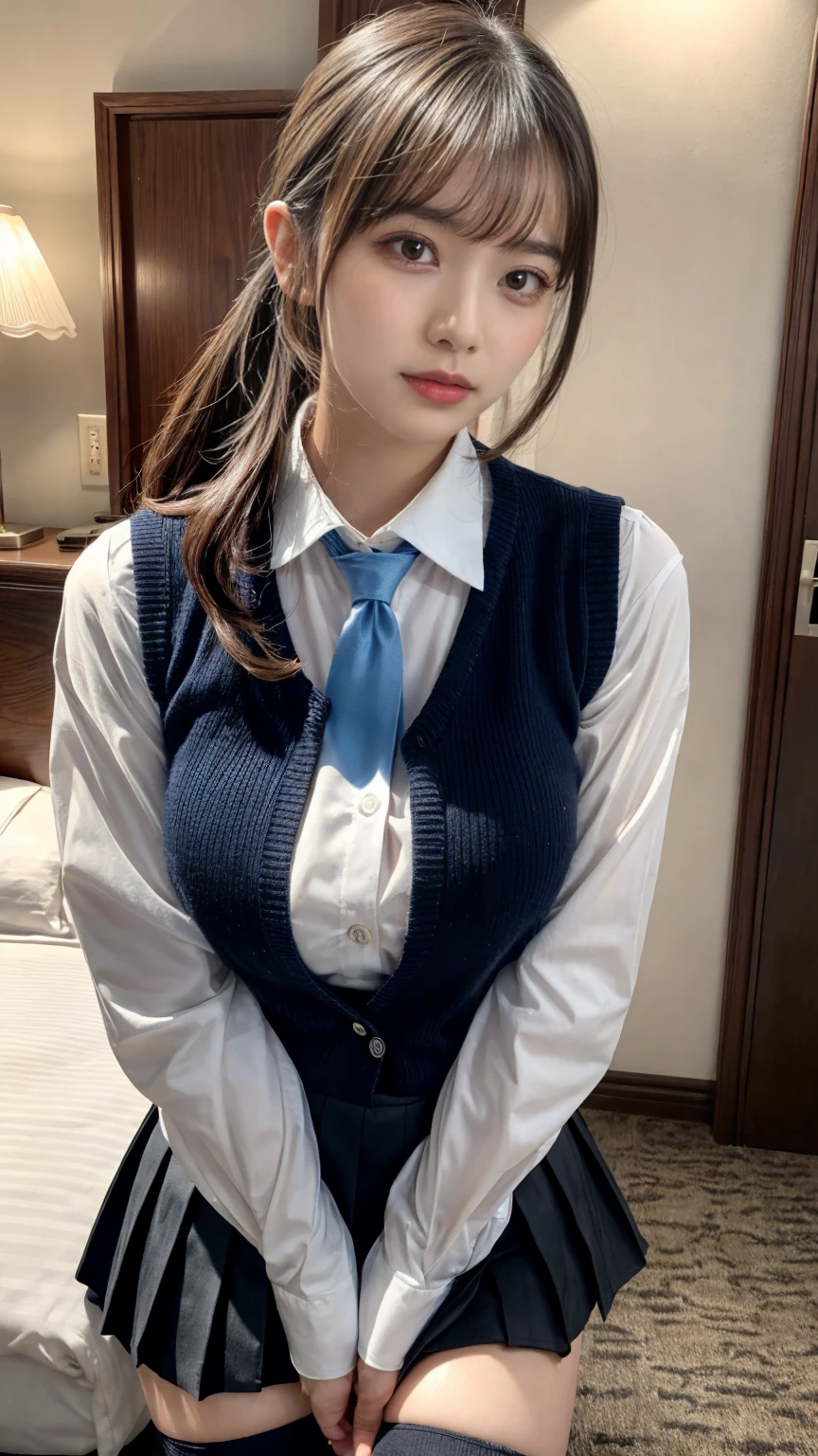 (8K, RAW Photos, Highest quality, masterpiece:1.2), masterpiece, super detailed, super high quality, (Realistic and photorealistic photography:1. 37), High-resolution RAW color photos, Very delicate and beautiful, highly detailed, 8k wallpaper, wonderful, detailed, Very eye, very detailed, very detailed skin, very thin fingers, very detailed nose, very detailed mouth, Perfect Anatomy, BREAK,18 year old girl, (Front view:1.2), ponytail, huge breasts, colossal tits, very huge round breasts, (perfect body shape:1.1), Big Natural Color Lip, cute type, lolita, (Details High quality, realistic depiction of eyes:1.3), Beautiful makeup, glitter makeup, BREAK, skirt, socks, black socks, pleated skirt, kneehighs, white shirt, blue necktie, long sleeves, vest, collared shirt, BREAK, (hotel room:1.1), bold sexy pose
