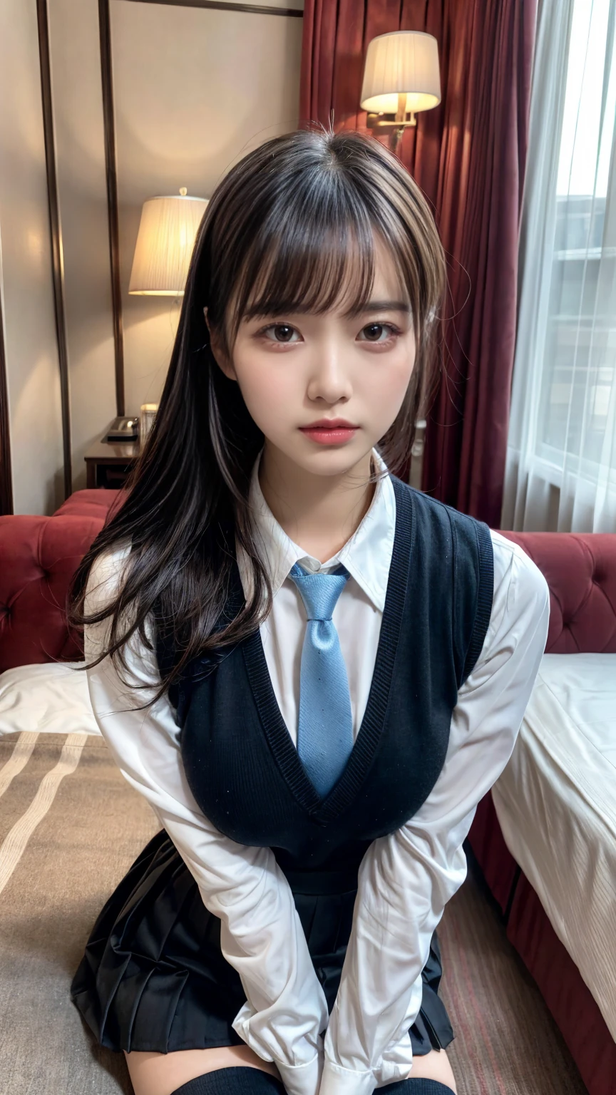 (8K, RAW Photos, Highest quality, masterpiece:1.2), masterpiece, super detailed, super high quality, (Realistic and photorealistic photography:1. 37), High-resolution RAW color photos, Very delicate and beautiful, highly detailed, 8k wallpaper, wonderful, detailed, Very eye, very detailed, very detailed skin, very thin fingers, very detailed nose, very detailed mouth, Perfect Anatomy, BREAK,18 year old girl, (Front view:1.2), ponytail, huge breasts, colossal tits, very huge round breasts, (perfect body shape:1.1), Big Natural Color Lip, cute type, lolita, (Details High quality, realistic depiction of eyes:1.3), Beautiful makeup, glitter makeup, BREAK, skirt, socks, black socks, pleated skirt, kneehighs, white shirt, blue necktie, long sleeves, vest, collared shirt, BREAK, (hotel room:1.1), bold sexy pose