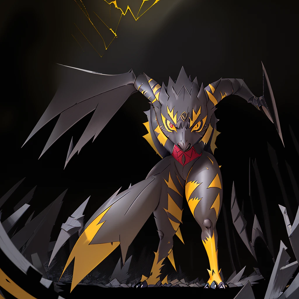 pokemon, evolved, Yellow eyes, Sharp teeth, legendary, rocky looking, skin colored underneath, black with yellow on top, black stripes on the upper part of the body, pointed tail, arms with thorns, thick thighs, long legs, alone standing in the middle of a forest, female