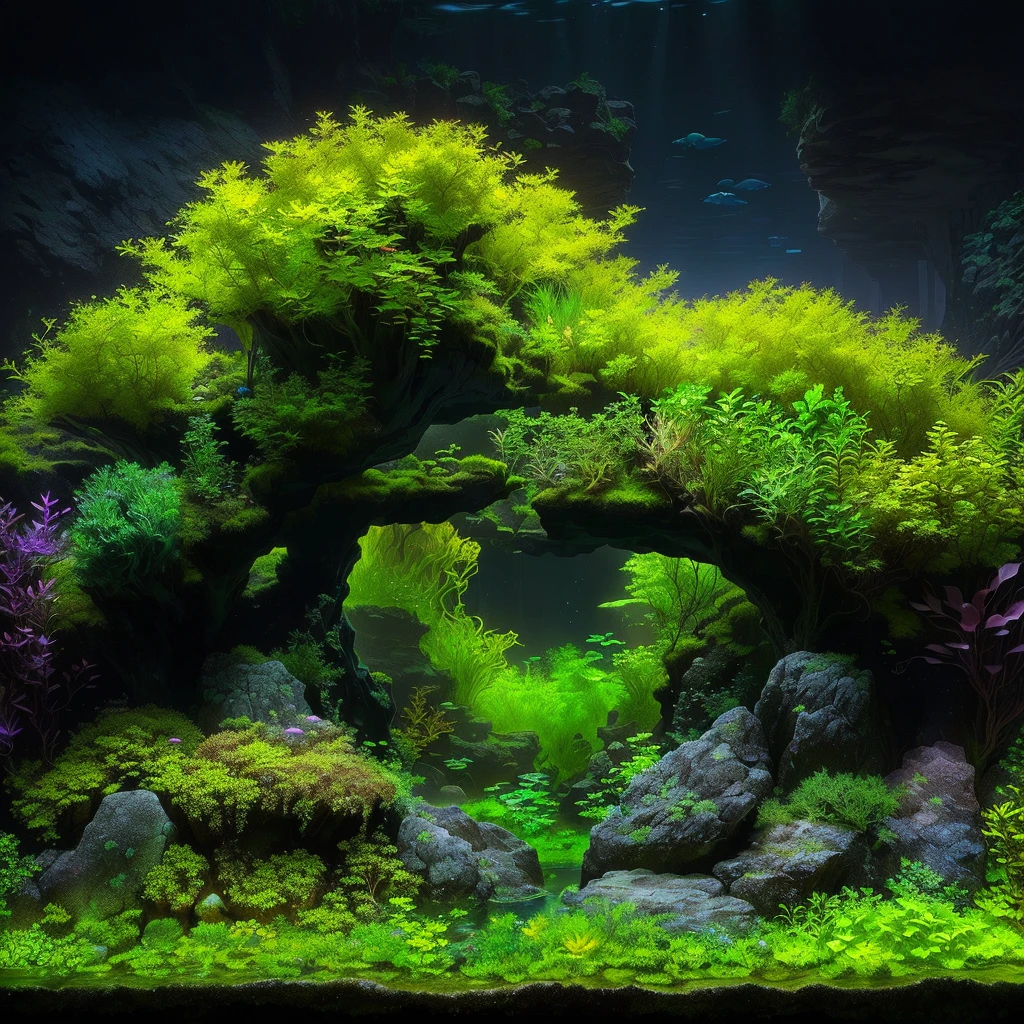 a close-up of an aquarium with plants and rocks, Iwagumi Waterscape, overgrown with aquatic plants, incredible depth, incredible depth, aquatic plants, aquatic plants, underwater plants, beautiful environment, river with low plants, breathtaking composition, in style of kyrill kotashev, impressive depth and detail, underwater landscape, relaxing environment