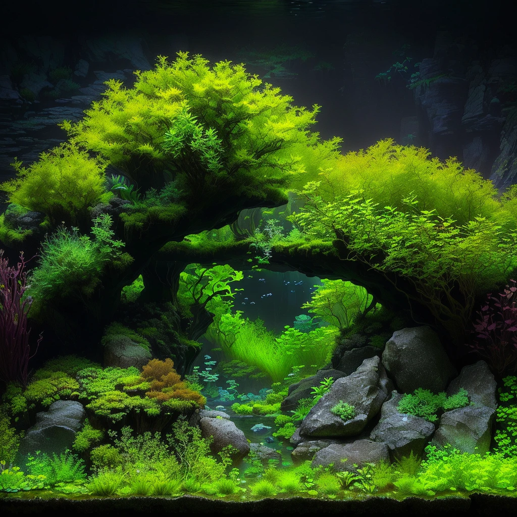 a close-up of an aquarium with plants and rocks, Iwagumi Waterscape, overgrown with aquatic plants, incredible depth, incredible depth, aquatic plants, aquatic plants, underwater plants, beautiful environment, river with low plants, breathtaking composition, in style of kyrill kotashev, impressive depth and detail, underwater landscape, relaxing environment