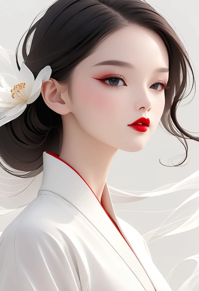 elegant Shanghai woman,beautiful eyes,long eyelashes,red lips,random shots,smooth lines, pure white background, minimalist, ethereal Zen, high definition. --ar 3:4