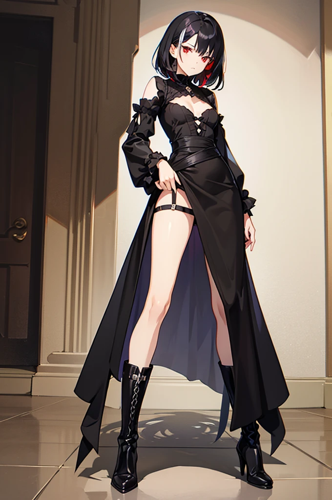 Girl, 20 years old, with long white hair down to below her waist, a serious yet tender expression, and red eyes. Her hair features black streaks. She wears antique-style clothing, a long black dress with a slit on the legs, and high black boots that almost reach her knees. Her power and background are related to shadows and darkness. dark escense, figth stance