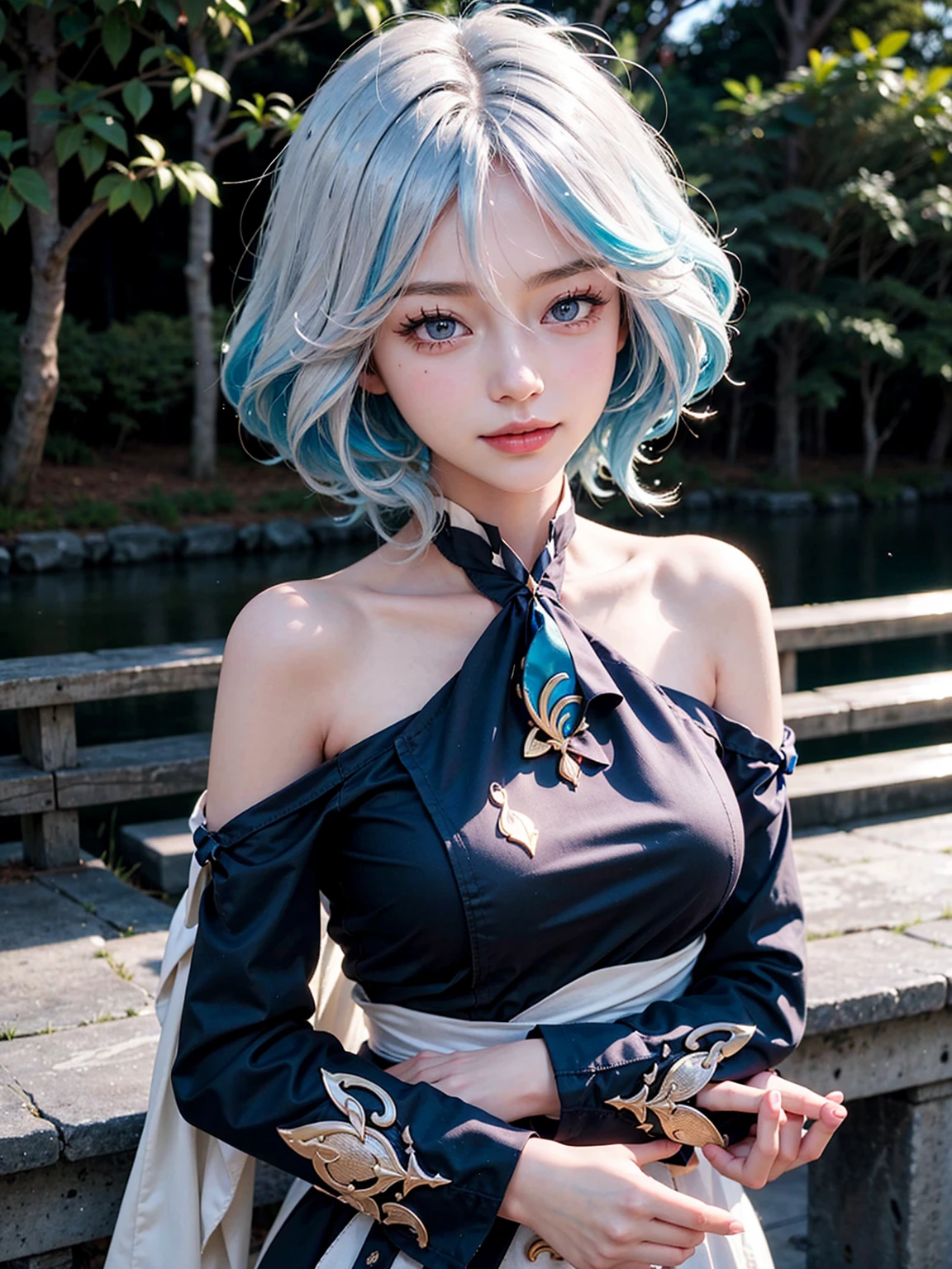 Furina from Genshin Impact, 18 years old girl, (Raw photo, Best Quality), (Realistic, Photorealsitic:1.3), masterpiece, Extremely delicate and beautiful, Soft light, (beautiful white and blue hair, Shoulder-length straight hair swaying in the wind), Beautiful detailed girl, (Detailed fingers), extremely detailed eye and face, beautiful detailed nose, Beautiful detailed eyes, 1 girl, Japanese, Neat and clean beauty, Cute, young, (big breasts), Realistic face, Realistic body, cute smile