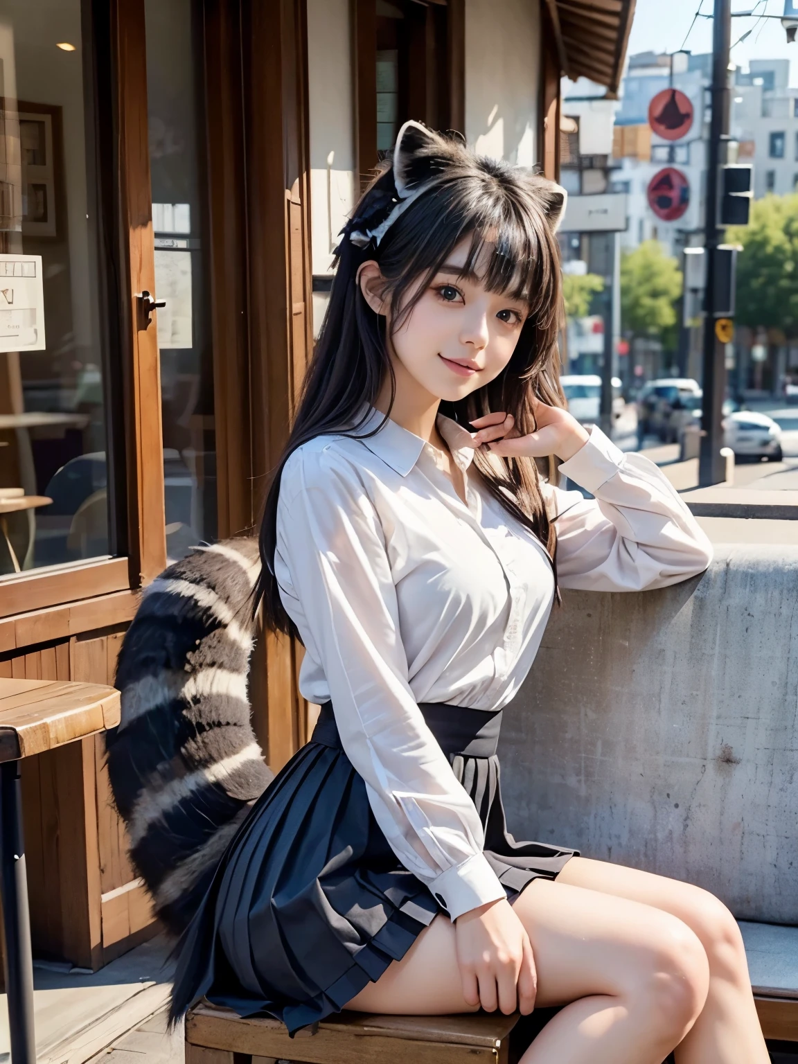 ((Highest quality, 32k)), ((masterpiece)), (Familiar), Perfect Face, pretty girl, She is sitting on the terrace of a cafe in the city., She is relaxing and drinking tea, She has a bushy tail on her butt, She has a fluffy tail, Beautiful hip line, Small breasts, She is wearing a neat blouse and pleated skirt., A bushy tail is visible from under her skirt,, Slender body, Her tail sticks out from under her skirt, (A single raccoon tail protrudes from the inside of her skirt.:1.4), The base of her tail is hidden under her skirt., She holds her tail up in her hand