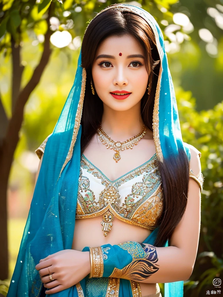 Uzumaki_kushina,saree,posing in a colorful garden,golden sunlight,soft shadows, vibrant colors, henna tattoos, blue eyes,alluring eyes, seductive smile, flowing hair, elegant jewelry, intricate mehndi designs, sensual movements, graceful posture, traditional Indian earrings, pristine beauty, enchanting ambiance, exquisite silk fabric, delicate drapes, captivating presence, intricate embroidery, ornate bangles, sensual allure, mystical aura, delicate floral patterns, alluring fragrances, captivating gaze, traditional bindi, enticing curves, mysterious veil, feminine grace, bewitching charm, ancient traditions, seductive glance, radiant femininity, sensual whispers. (best quality, high-res, vivid colors, ultra-detailed, photorealistic:1.37), vibrant cultural celebration, cinematic lighting.

Precautions：
- Pay more attention to the description of the key characteristics of the characters，For example, eyes、Lips、hair、decorations, etc。
- Pay attention to depicting comfortable and harmonious pictures、Colorful feeling。
- Use appropriate vocabulary，Highlight the characteristics of the subject。
- The theme is an Indian flirting scene。Add appropriate details as required by the scene。

You can make appropriate adjustments and play based on the above needs，Keep the image relevant to the subject、Be creative and artistic。