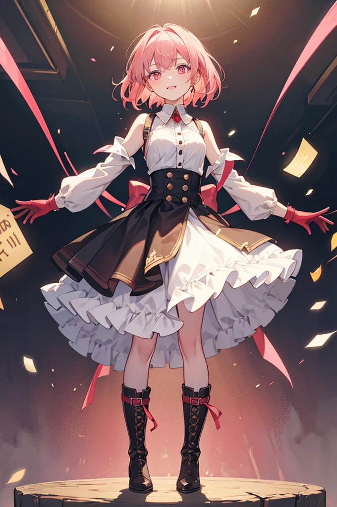 20 years old, with short pink hair just below the shoulders, pale pink eyes, and an expression that is serious yet happy. She dresses in an antique style, wearing a long light brown skirt, a sleeveless white blouse with a vertical red line down the center on the buttons, brown gloves, and high boots with many straps. Her weapons are hundreds of needles connected by thread.