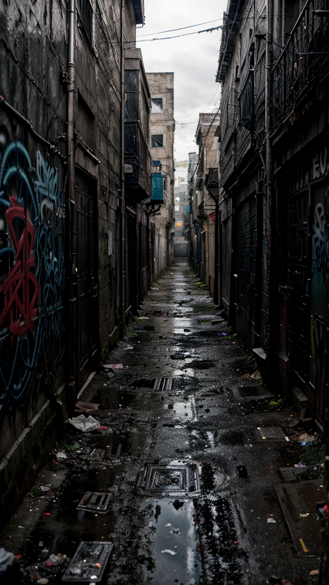 Dark and gloomy alley, graffitied and dirty walls, puddles of stagnant water, garbage bags scattered, rats running