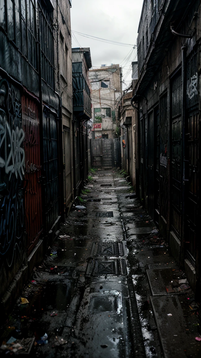 Dark and gloomy alley, graffitied and dirty walls, puddles of stagnant water, garbage bags scattered, rats running