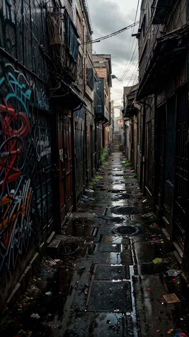 Dark and gloomy alley, graffitied and dirty walls, puddles of stagnant water, garbage bags scattered, rats running