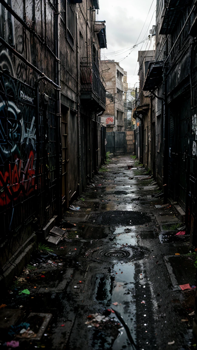 Dark and gloomy alley, graffitied and dirty walls, puddles of stagnant water, garbage bags scattered, rats running