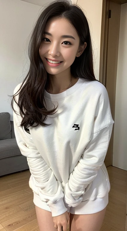 (((full bodyesbian)))、((Loose-fitting sweatshirt only))、((１a person))、sunlight、Close to the subject、(((Cute apartment room for girls)))、(((ssmile)))、(((Thighs are visible)))、((Extraordinary Beauty))、((kawaii pose))、Photorealsitic、Beautiful detailed eyes、Hyper-Realism、highcontrast、Ultra HD、realistic skin textures、Top image quality、top-quality、超A high resolution、Fine details、Very meticulously