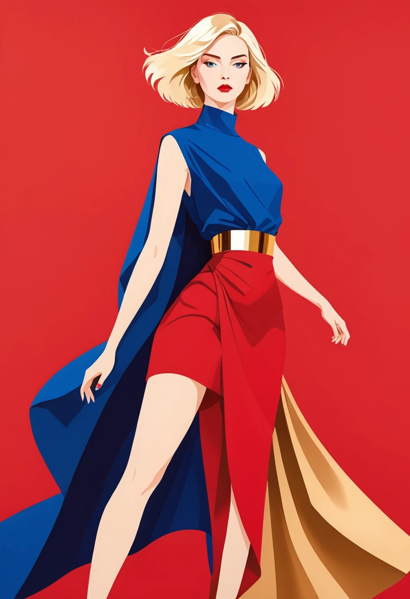 a flat illustration of a fashion girl, exaggerated pose,sapphire red vs gold cloth and hair,minimalist art,pure klein red background, in the style of suprematism 