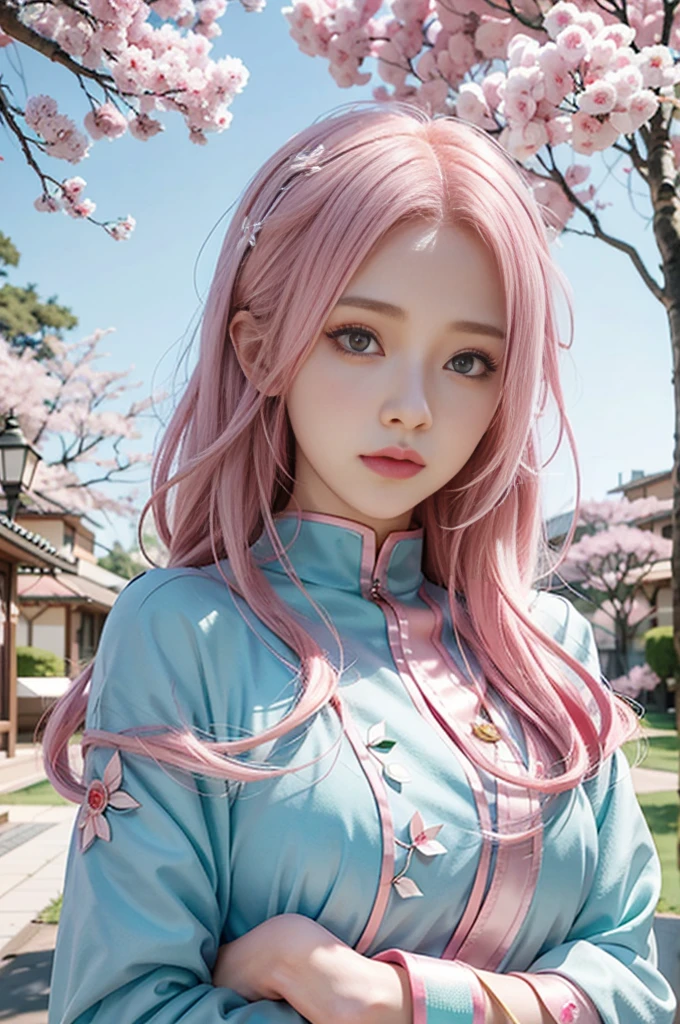 Anime girl with pink hair and blue eyes standing in front of a tree, Haruno Sakura, Haruno Sakura, Haruno Sakura in slug sage mode, Sakura petals surround her, beautiful anime portrait, young anime girl, digital animation art, Stunning anime face portraits, anime style portrait, digital anime illustration, Portrait of an anime girl, anime portrait, anime ساكورا بورتو ملابس شاطئ