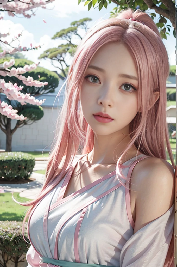 Anime girl with pink hair and blue eyes standing in front of a tree, Haruno Sakura, Haruno Sakura, Haruno Sakura in slug sage mode, Sakura petals surround her, beautiful anime portrait, young anime girl, digital animation art, Stunning anime face portraits, anime style portrait, digital anime illustration, Portrait of an anime girl, anime portrait, anime ساكورا بورتو ملابس شاطئ