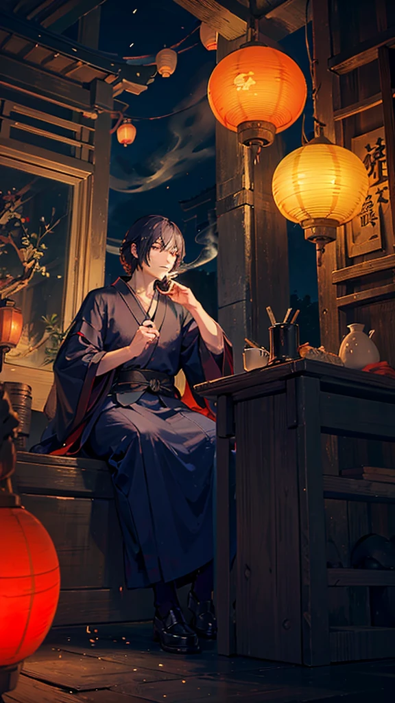 Man holding a smoking pipe,Japanese style architecture,night,Lantern,Sitting,Exhaling smoke