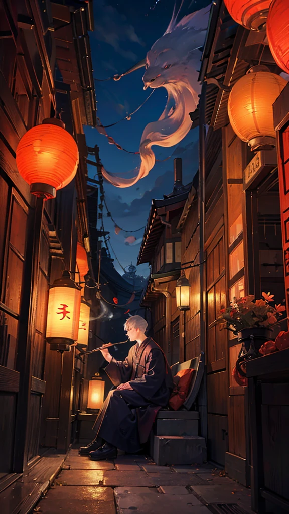 Man holding a smoking pipe,Japanese style architecture,night,Lantern,Sitting,Exhaling smoke