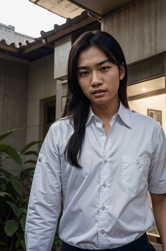 a Indonesian man a white shirt with khaki, pushing a beautiful Korean young girl wearing a security navy blue uniform, furrowed eyebrows, black hair,closing eyes, open mouth, show teeth, c of the house at night.
