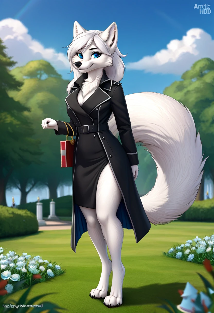 Hairy Women, arctic fox, mammal, A beautiful furry fox girl is standing in a park posing against, She looks at the audience and smiles, She wears a black trench coat, looking off to the side, Field of view, sky空, sky, Beautiful blue eyes, Award-winning illustrations|Popular on ArtStation, masterpiece|highly detailed|best quality|HD|8K|uHD|intricate details|extreme_detail