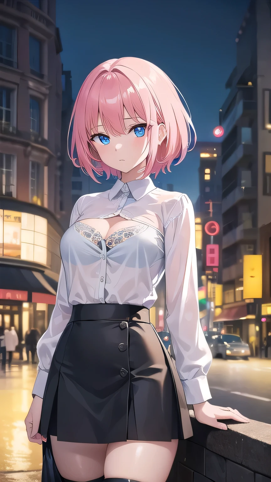 Masterpiece, top quality, best quality, official art, beautiful and aesthetic, anime, 1girl,extremely detailed, colorful, more detailed ((ultra-detailed)), (highly detailed CG illustration),Best Quality, High resolution, Unity 8k Wallpaper, (Illustration:0.8), (Beautiful detailed eyes:1.6), extra detailed face, Perfect Lighting, extremely details CG, (Perfect hands, Perfect Anatomy),street,shops,evening,neonlight,short pink hair, buttons, blue eyes,wet short top,wet top,lace bra,lace panties, black skirt, high-waist skirt, black stockings, stocking suspenders.