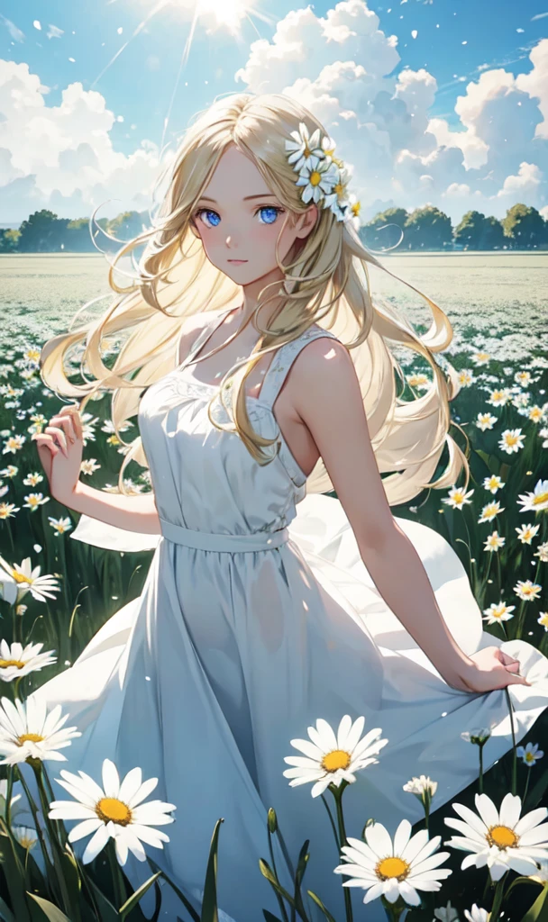(masterpiece, best quality:1.5), (ultra detailed, high resolution, 8k, beautiful detailed, UHD, best anatomy), blonde hair, flat breasts, 1 cute girl, knee-length dress, Flower fields spread over meadows, got his hands outstretched, Petals are dancing in the wind