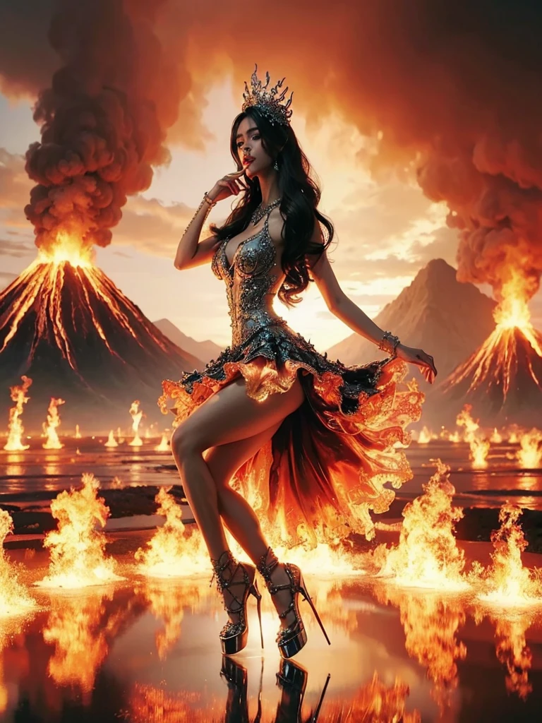 arafed woman with bustier gigantic breast in a 
Tight fire corset and flame dress in front of a building, wearing an ornate outfit, ornate dress, intricate dress, elegant flame corset, ornate and elegant, extravagant dress, inspired by Hedi Xandt, ornate attire, intricate outfit, ornate royal gown, ornate clothing, ornate gown, intricate and elegant, intricate detailed dress, ornate , royal dress, detailed hand, detailed finger, Fire in the body, Fire on the dress, Fire element, Transparent clothing, masterpiece, best quality:1.2),,(8k,highres,RAW photo,realistic,photo-realistic:1.3),(detailed skin texture,detailed cloth texture,detailed flame texture, beautiful detailed face:1.25),professional lighting,photon mapping,beautiful soft light,radiosity,physically-based rendering,raytracing, model shoot style, model shoot style, (extremely detailed CG unity 8k wallpaper), full shot body photo of the most beautiful artwork in the world, ((NSFW)) ((Large breast)) (( Nude)) ((Naked)) ((Nipple)) 