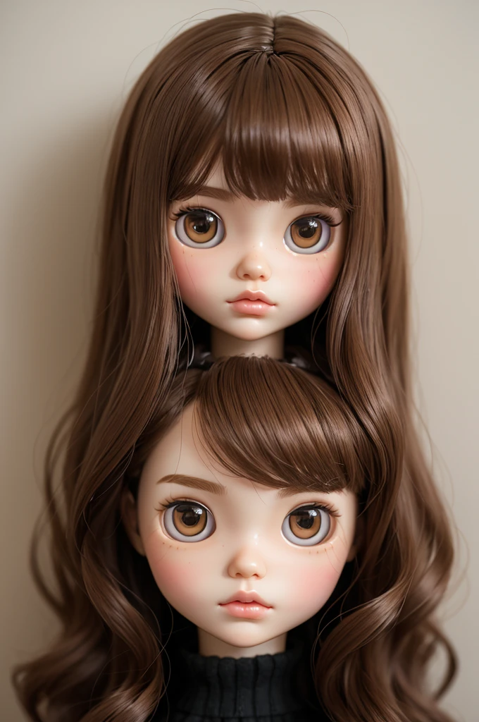 Make a Blythe doll with brown eyes, brown, wavy hair without bangs