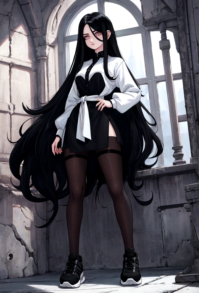 Age 22, white skin girl, almost speaks, Bblack hair, extremely long hair, Cramped, black pantyhose, black sneakers, Bblack hair, hair between the eyes, White hair, cloused mouth, range, cabelo bagunçado saia formal Bblack hair grande extremely long hair olhos cinzas olhos cinzas olhos cinzas