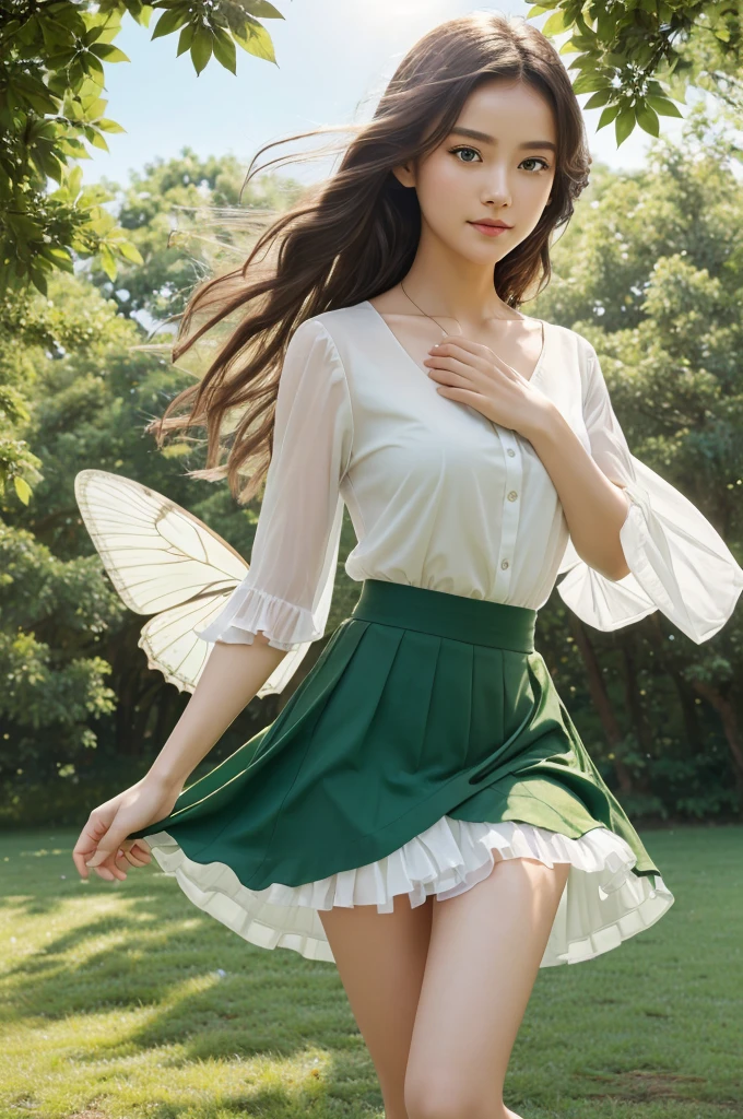 ，masterpiece, best quality，8K, ultra highres，Reallightandshadow，Cinema lenses，(beautidful eyes:1.1)， ((The scene is，The upper part of the body))，dynamicposes，On a green meadow，A gentle goddess came with a gentle step。She wore a white dress，A gentle breeze blows，The skirt dances lightly。The sun shines through the leaves on her hair，Reflecting her clear eyes and gentle smile。Colorful butterflies flew around her，Flowers bloomed at her feet，It was as if nature was cheering for her。