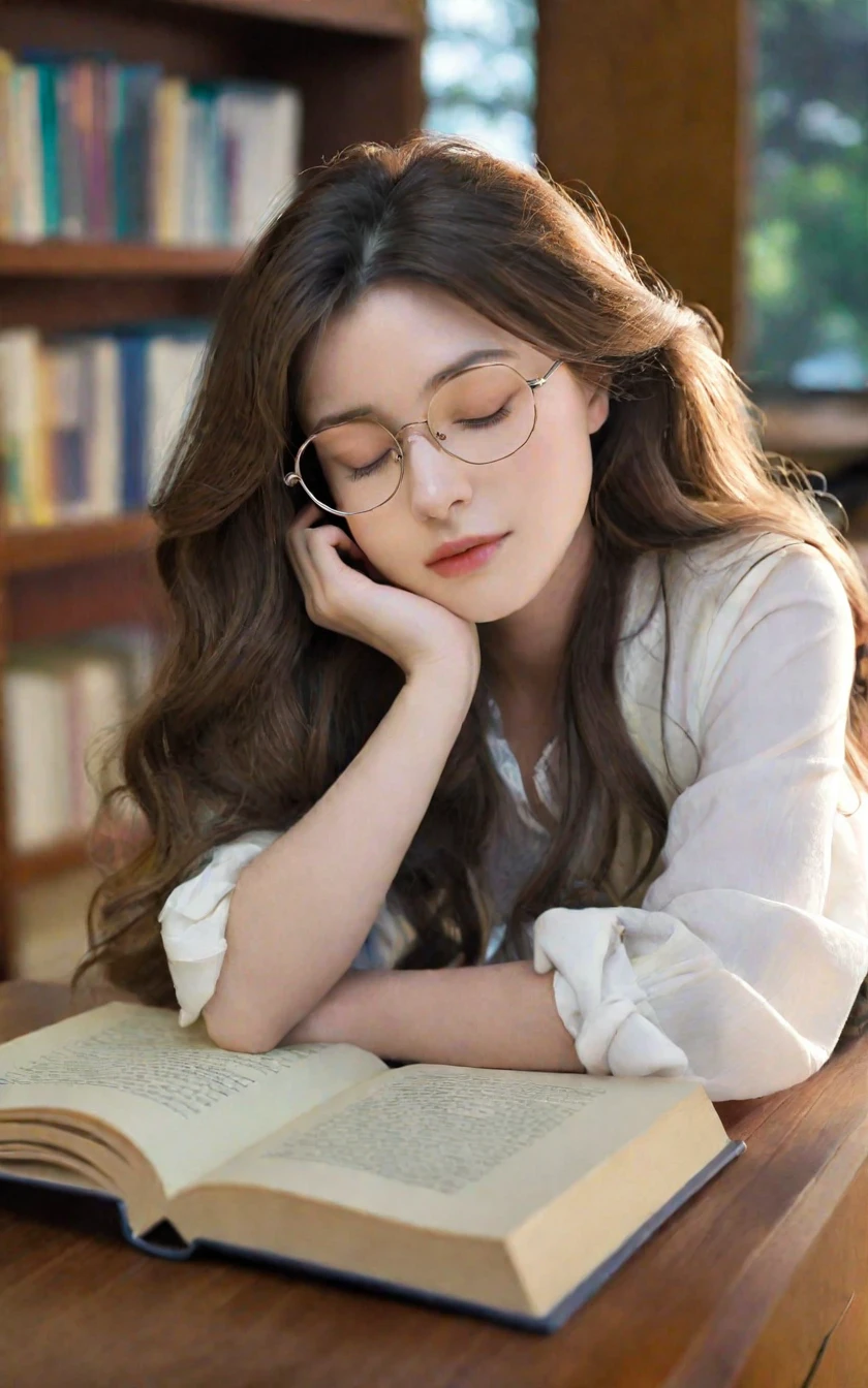 A high-quality, realistic image of a beautiful girl dozing in a cozy library. She is seated at a wooden desk, her head resting on her folded arms atop an open book. Her long, wavy hair cascades over her shoulders, partially covering her peaceful, relaxed face. She has delicate features, with a serene expression and softly closed eyes, suggesting she is in a light, comfortable sleep.

The library is warmly lit, with soft, ambient lighting that creates a tranquil and inviting atmosphere. Shelves filled with books line the background, and a nearby window lets in a gentle stream of natural light. The desk is cluttered with various books, notebooks, and a pair of reading glasses, indicating a productive study session before she drifted off.
Her outfit is casual yet stylish, perfectly,A high-quality, realistic image of a beautiful girl dozing in a cozy library. She is seated at a wooden desk, her head resting on her folded arms atop an open book. Her long, wavy hair cascades over her shoulders, partially covering her peaceful, relaxed face. She has delicate features, with a serene expression and softly closed eyes, suggesting she is in a light, comfortable sleep.

The library is warmly lit, with soft, ambient lighting that creates a tranquil and inviting atmosphere. Shelves filled with books line the background, and a nearby window lets in a gentle stream of natural light. The desk is cluttered with various books, notebooks, and a pair of reading glasses, indicating a productive study session before she drifted off.
Her outfit is casual yet stylish, perfectly,1girl