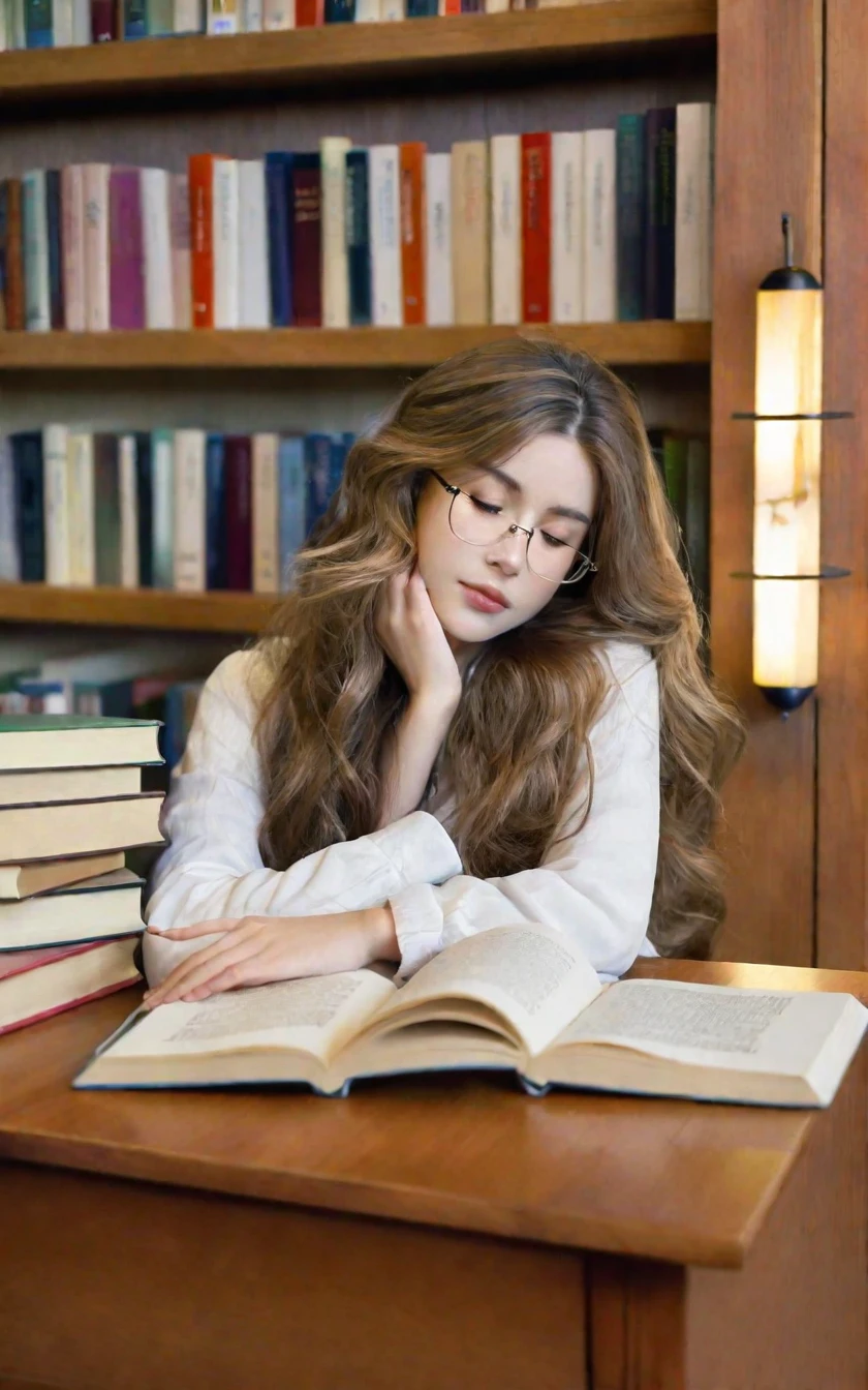 A high-quality, realistic image of a beautiful girl dozing in a cozy library. She is seated at a wooden desk, her head resting on her folded arms atop an open book. Her long, wavy hair cascades over her shoulders, partially covering her peaceful, relaxed face. She has delicate features, with a serene expression and softly closed eyes, suggesting she is in a light, comfortable sleep.

The library is warmly lit, with soft, ambient lighting that creates a tranquil and inviting atmosphere. Shelves filled with books line the background, and a nearby window lets in a gentle stream of natural light. The desk is cluttered with various books, notebooks, and a pair of reading glasses, indicating a productive study session before she drifted off.
Her outfit is casual yet stylish, perfectly,A high-quality, realistic image of a beautiful girl dozing in a cozy library. She is seated at a wooden desk, her head resting on her folded arms atop an open book. Her long, wavy hair cascades over her shoulders, partially covering her peaceful, relaxed face. She has delicate features, with a serene expression and softly closed eyes, suggesting she is in a light, comfortable sleep.

The library is warmly lit, with soft, ambient lighting that creates a tranquil and inviting atmosphere. Shelves filled with books line the background, and a nearby window lets in a gentle stream of natural light. The desk is cluttered with various books, notebooks, and a pair of reading glasses, indicating a productive study session before she drifted off.
Her outfit is casual yet stylish, perfectly,1girl