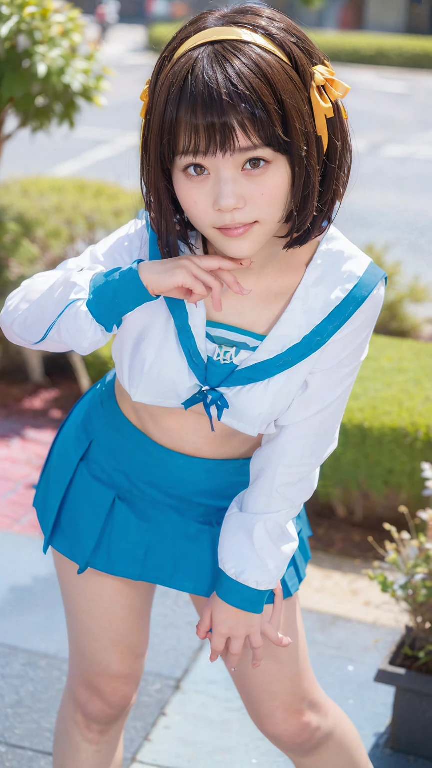 One Girl:1.5,Fair skin,Shyness,high 、Sexy pose、Highest quality, shape, Very detailed, finely, High resolution, 8k wallpaper, Beautiful and exquisite, Natural Lip, whole body,bangs、University garden、(High School Uniform),Brown Hair、(Thighs)、The correct five fingers、Looking into the camera, (RAW Photos:1.2), (Realistic:1.4),(masterpiece:1.3),(Highest quality:1.4),超High resolution,(Fine grain),(Detailed facial features),(Detailed clothing features),High resolution,8K resolution, Focus Only, View your viewers, (bangs:1.1), dream-like, (Very detailedなイラスト), One girl,cute, Innocent, (smile), (whole body) , Haruhi_srf, White long sleeve shirt with blue collar, Blue Skirt, Yellow ribbon, Are standing,Yellow headband、((I can see the breasts)),(((Nipples are visible))),(Bobcut),((Small breasts))