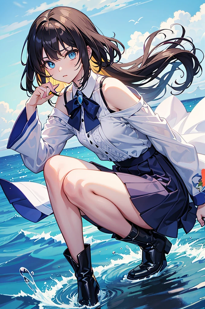 20 years old anime girl, with short dark blue hair to the shoulders, a serious yet tender expression, and bright light blue eyes. She dresses in an antique style, wearing a long dark blue skirt that reaches her knees, and small dark brown boots up to her ankles. Her white blouse is long-sleeved, covering her fingers slightly, and falls off one shoulder, leaving it exposed. She possesses water powers and has a water-themed background.