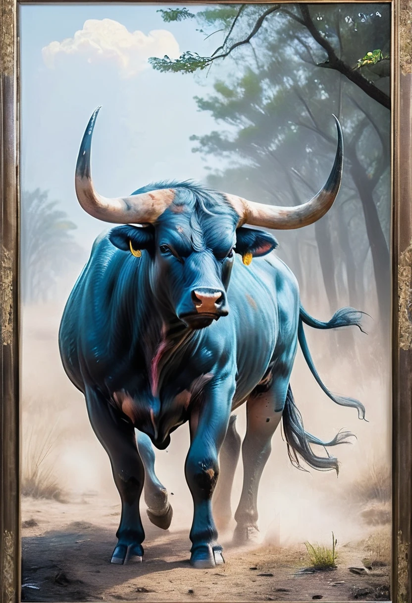 (Masterpiece, Top Quality, Best Quality, Official Art, Beautiful and Aesthetic:1.2), The Ox Oil Painting is a work of art created by an artist who masterfully conveys the power and strength of this majestic animal. The bull symbolizes unwavering energy, perseverance and resilience. It is a symbol of success and prosperity, reminding us that even the strongest and most powerful creatures can face difficulties along the way.