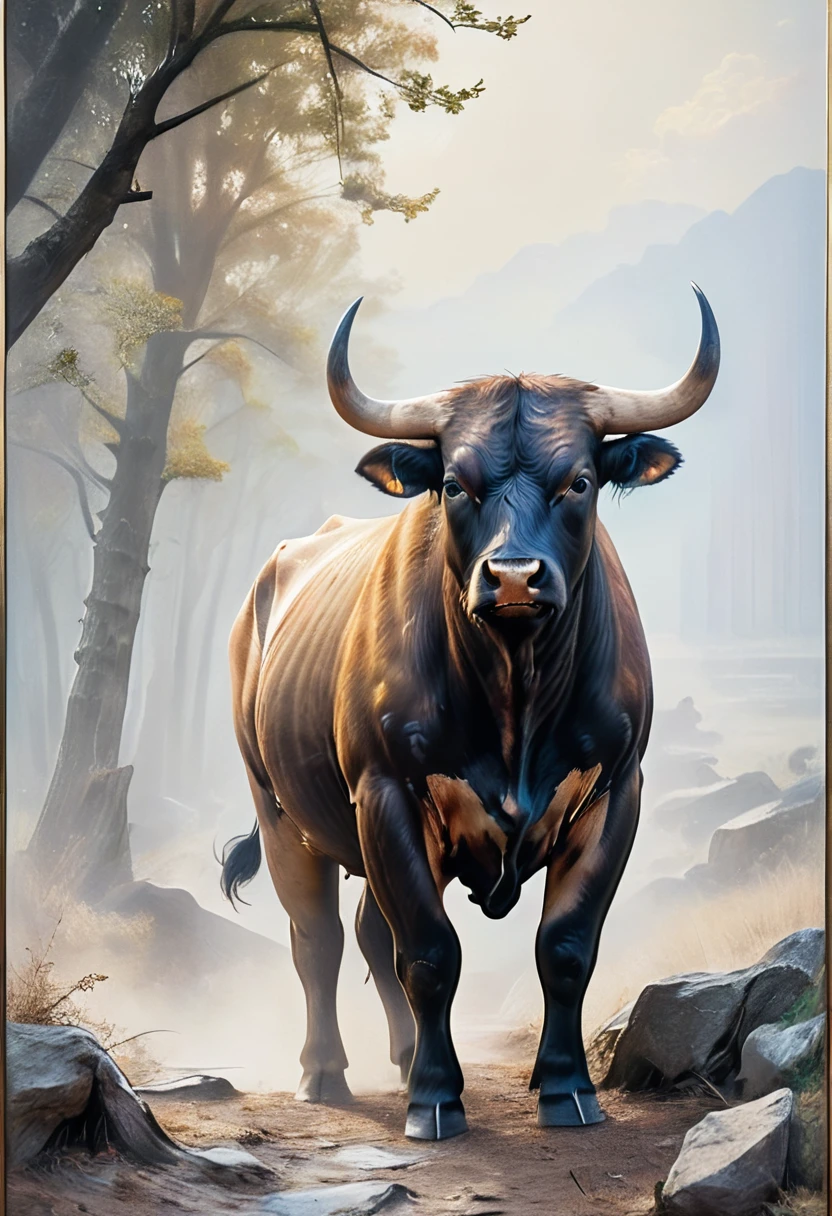 (Masterpiece, Top Quality, Best Quality, Official Art, Beautiful and Aesthetic:1.2), The Ox Oil Painting is a work of art created by an artist who masterfully conveys the power and strength of this majestic animal. The bull symbolizes unwavering energy, perseverance and resilience. It is a symbol of success and prosperity, reminding us that even the strongest and most powerful creatures can face difficulties along the way.