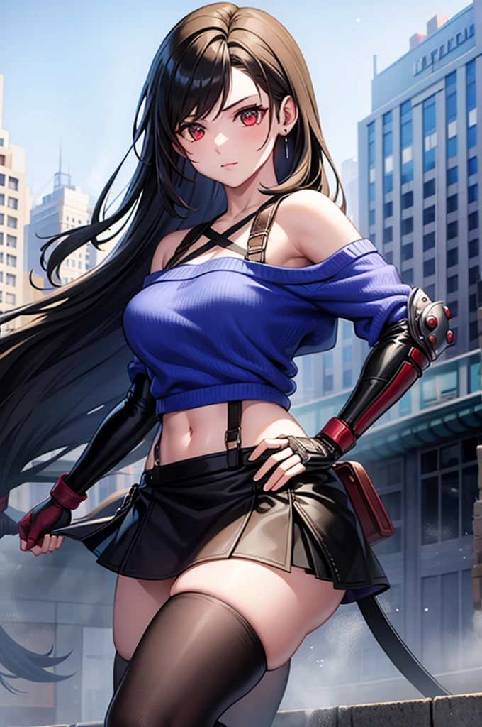 perfect eyes:1.2, detailed eyes:1.4, serious, hand on hip, night, city, metTifa, red eyes, low-tied long hair, earrings, cropped sweater, blue sweater, off-shoulder, short sleeves, suspender skirt, elbow gloves, armored legwear, medium full shot, thigh-level shot, 1girl,(masterpiece:1.6, best quality),