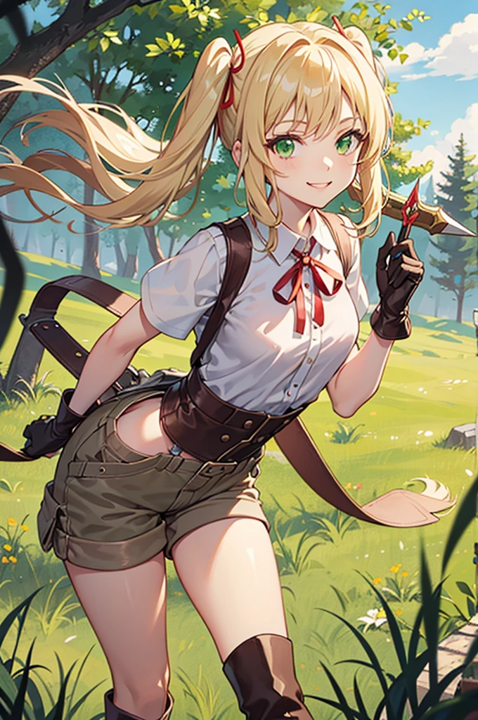 30-year-old anime woman, blonde hair in pigtails, green eyes, tender and smiling expression, long explorer-style shorts with beige suspenders, short-sleeved white blouse, red ribbon in her hair, beige leather gloves, dark beige, in forest leather boots that reach mid-calf, her weapons are two daggers she carries at her waist. 