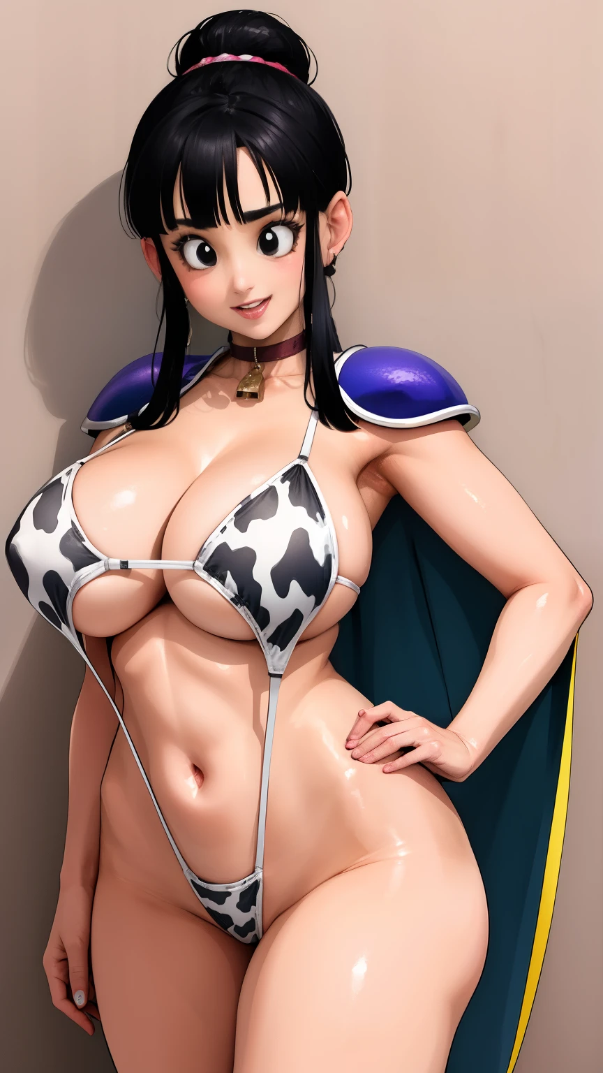 Cow Lingerie, Hands on the hips, enthusiastic, Super detailed face, Super detailed body, seductive body, chichi_DBZ, standing, Alone, Big_old, chichi_Bikini_armor, Masterpiece, Best Quality, detailed face, detailed eyes, high resolution, Honda, Super tight slingshot, Giant  old, Pussy , legs open , beautiful smile, excited face, biting her lips seductively, Smile with your mouth closed, Uspscale top, milf 