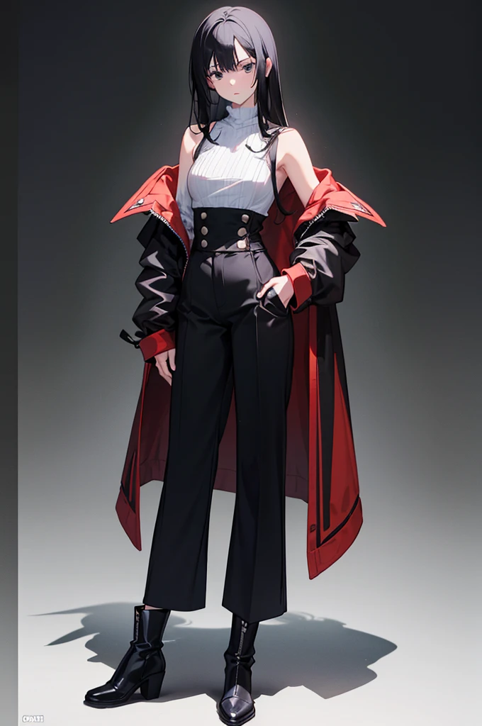 30-year-old anime woman, long black hair, serious, black eyes, wears old-fashioned clothing, black baggy pants, black boots, white blouse with long sleeves and exposed shoulders, powers of darkness, dark background.