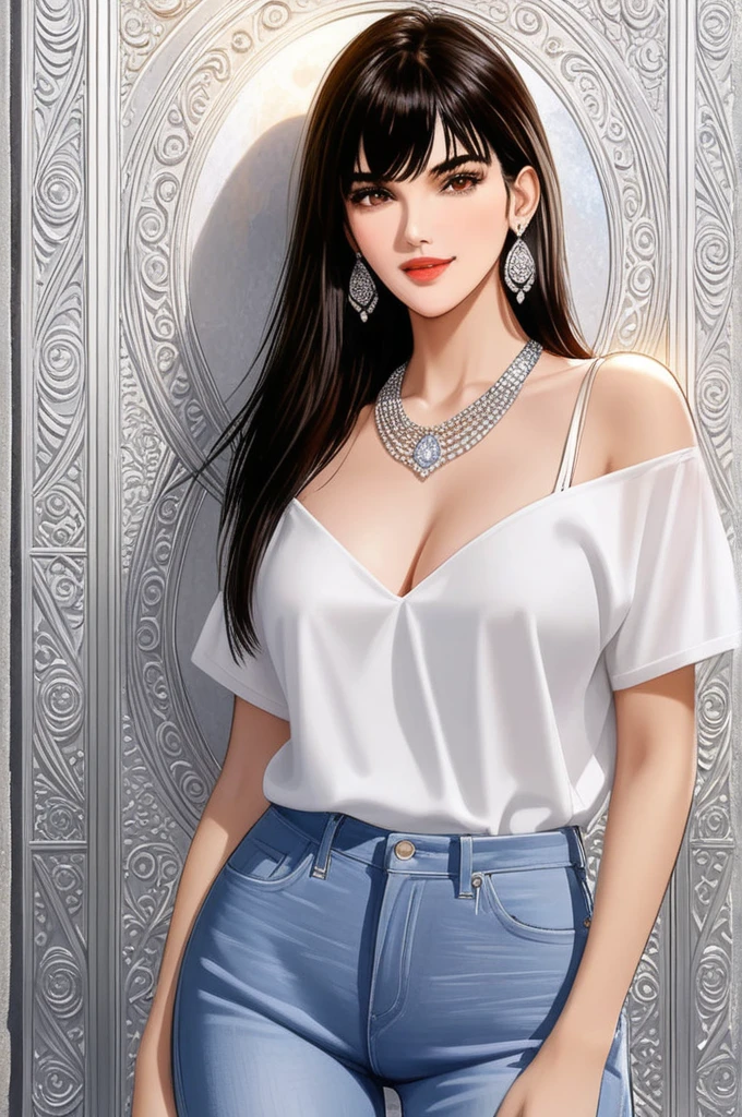 , inspired by Emma Andijewska, shuny glowing draped in crystals, silver color, long glowing earrings, sandra chevier, huge earrings, blue-eyed, platinum jewellery, earring, flawless structure, silver earring,  , a woman, Kriti Sanon, outdoors, realistic skin texture, smiling,   post-processing, Maximum texture, masterpiece, ultra-detailed, photorealistic, realistic, real picture, hyperrealism, Sharp focus, insane details, intricate details,  full sharp, detailed face, realistic eyes,simple white stucco background  ,big hoop  earrings, makeup,white skin,sharp jawline ,big earrings, oversized earrings,big breasts,full body view , necklace, eyeliner, eyeshadow, foundation, jewelry,bangles, anklet,silky hair ,blunt hair,bangs,face makeup, eyeliner,red lipstick ,legs,full body view, long black hair with white stroke, deep cleavage show ,wide body shot ,white sun glasses,off shoulder oversized t shirt,tight jeans,