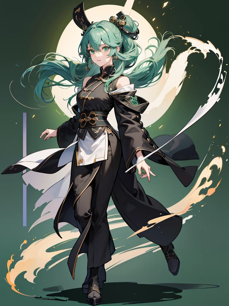 Masterpiece, Best quality, 1 Female, Mature Woman, Elder Sister, Royal Sister, Cold Face, strong, green eyes, wolfcur hair, smoky color hair, resolute eyes, simple white Taoist Taoist uniform, black accessories, sarashi, one shoulderancient, Chinese mix morden, full body, blank background, remove background