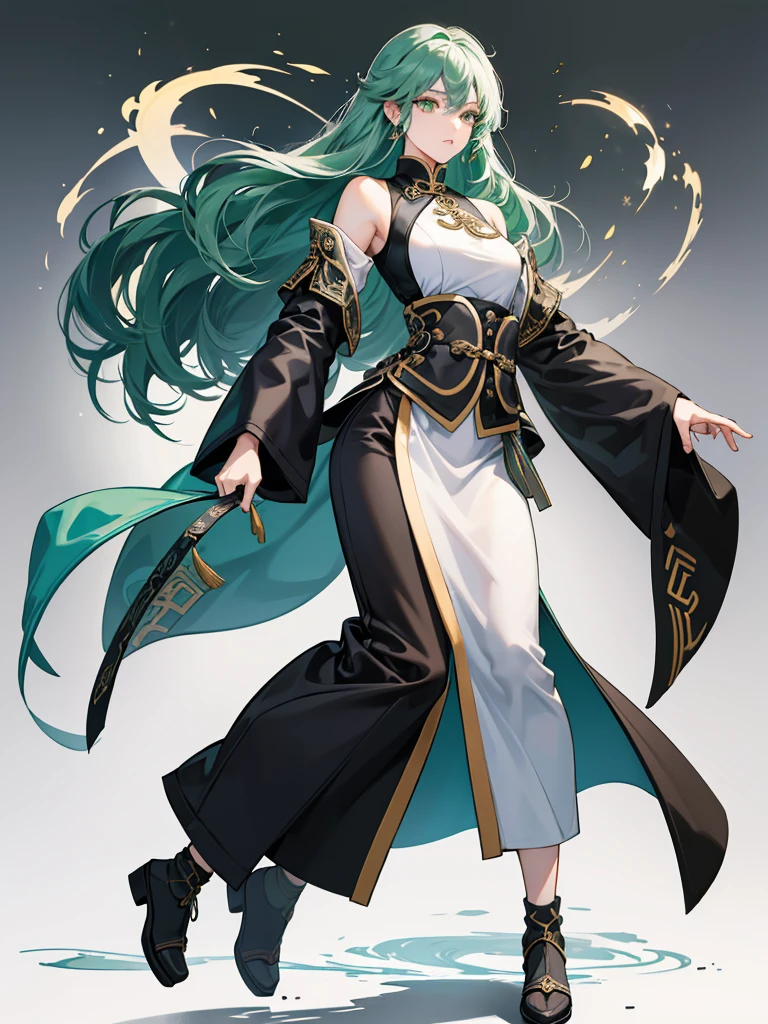 Masterpiece, Best quality, 1 Female, Mature Woman, Elder Sister, Royal Sister, Cold Face, strong, green eyes, wolfcur hair, smoky color hair, resolute eyes, simple white Taoist Taoist uniform, black accessories, sarashi, one shoulderancient, Chinese mix morden, full body, blank background, remove background