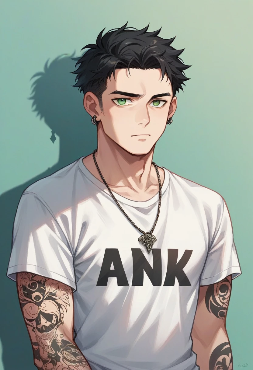 Make a 23 year old man with short wavy black hair, greeneyes, wear earrings and necklace, his arm is full of tattoos and he is wearing a white rock band t-shirt 