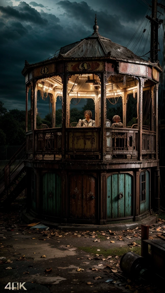 a dilapidated abandoned amusement park, rusted and broken rides, decrepit carousel horses, flickering lights, fallen autumn leaves,(best quality,4k,8k,highres,masterpiece:1.2),ultra-detailed,(realistic,photorealistic,photo-realistic:1.37),dark,moody,atmospheric,eerie,haunting,cinematic,dramatic lighting,muted colors,gloomy,overgrown,derelict,decaying,forgotten,melancholy
