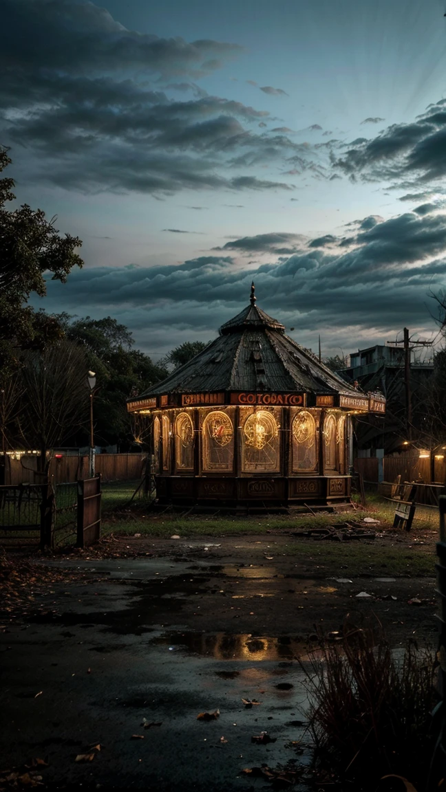 a dilapidated abandoned amusement park, rusted and broken rides, decrepit carousel horses, flickering lights, fallen autumn leaves,(best quality,4k,8k,highres,masterpiece:1.2),ultra-detailed,(realistic,photorealistic,photo-realistic:1.37),dark,moody,atmospheric,eerie,haunting,cinematic,dramatic lighting,muted colors,gloomy,overgrown,derelict,decaying,forgotten,melancholy